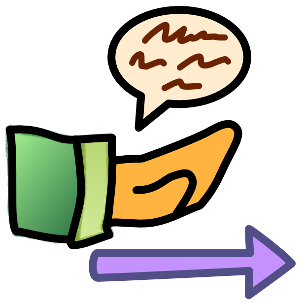 A yellow hand comes from a green sleeve. Hovering above the hand is an off white speech bubble with brown squiggles inside it. Below the hand is a purple arrow pointing from left to right. The image has dark line art.